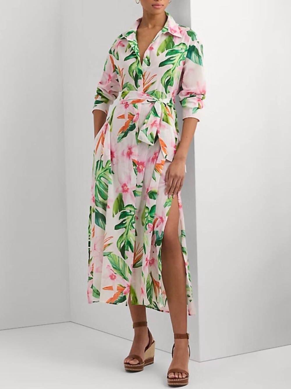Lauren Ralph Lauren Pink & Green Tropical Shirt Maxi Dress